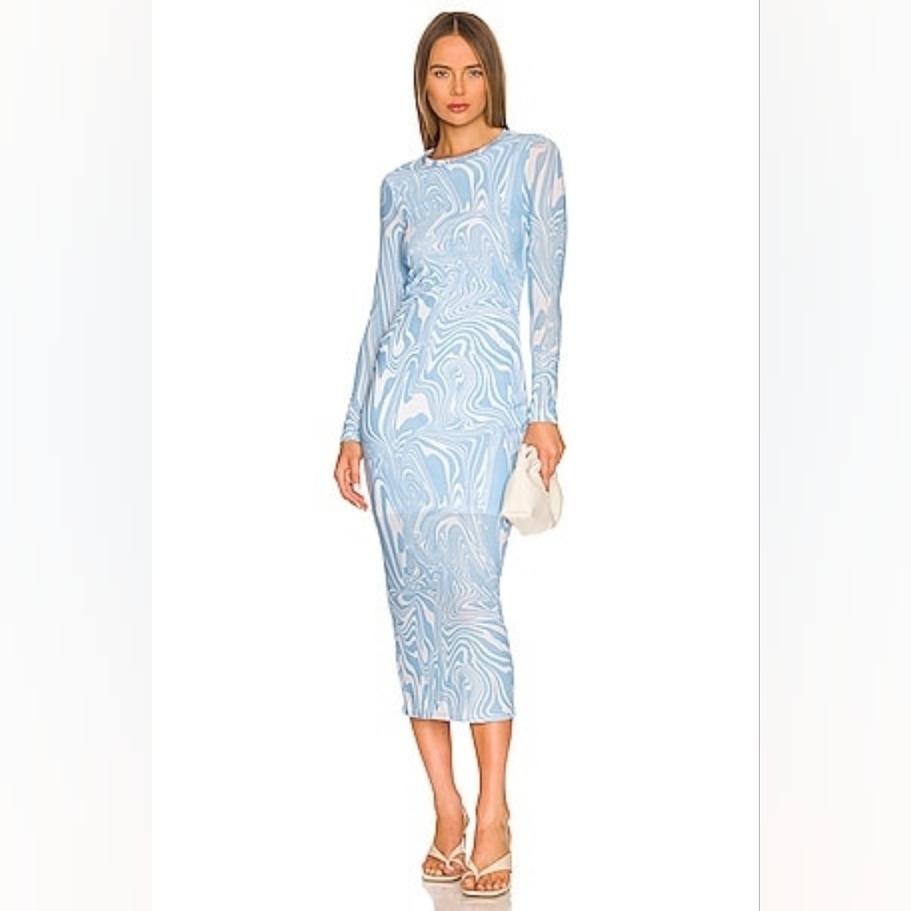 Ena Pelly Blue Ellee Longsleeve Midi Dress in Sky Marble
